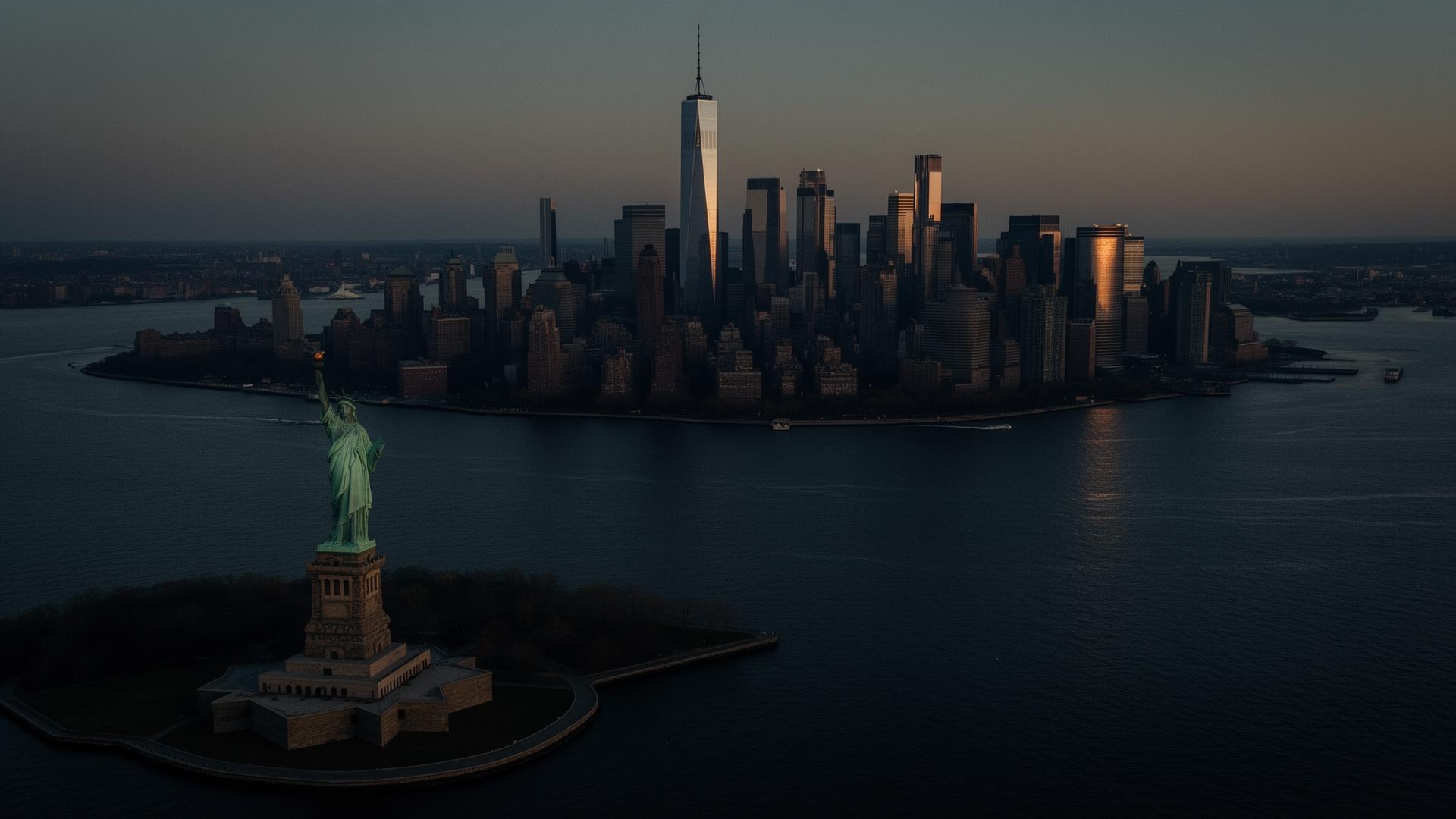Aerial view of the Statue of Liberty and the Manhattan skyline at dusk